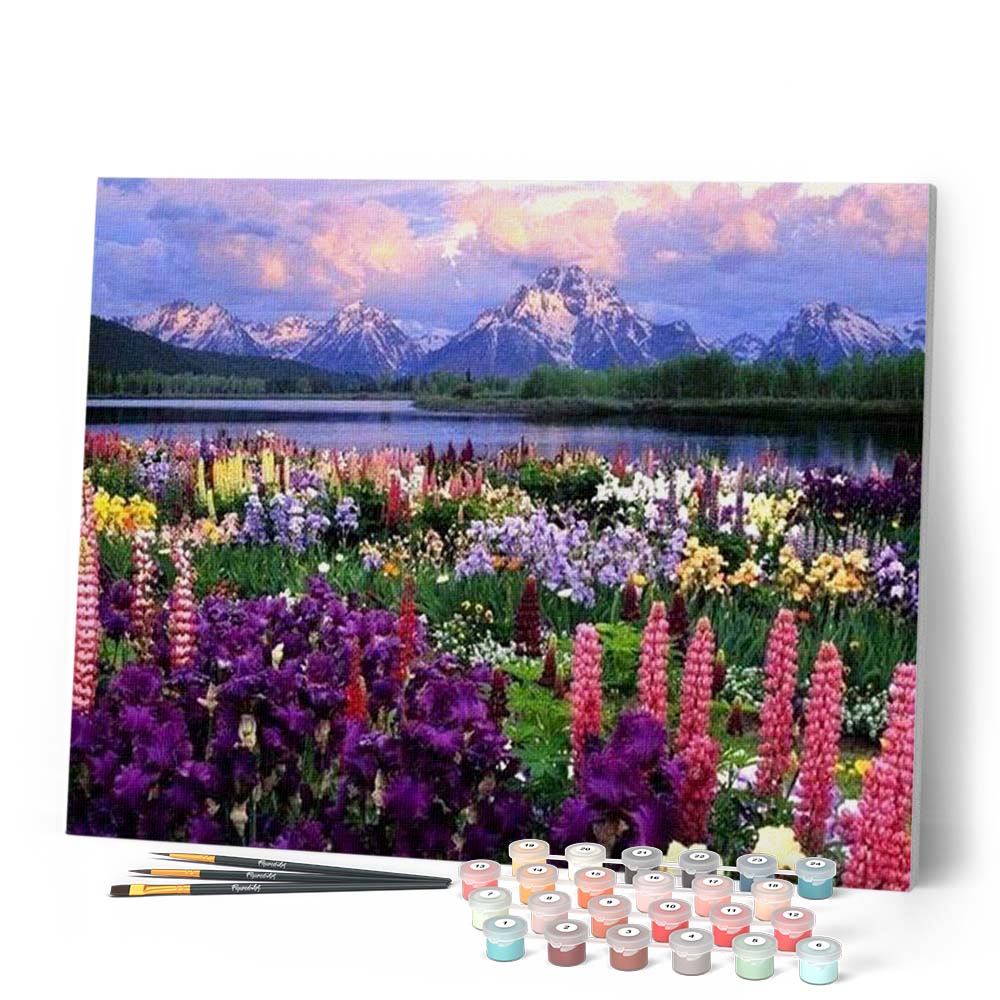 Peinture Par Numéros - Fleurs Et Lac Au Pied De La Montagne