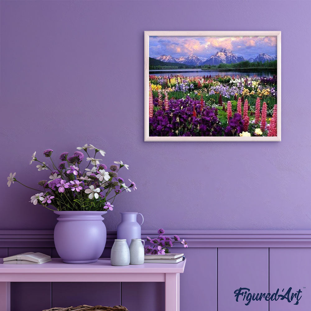 Peinture Par Numéros - Fleurs Et Lac Au Pied De La Montagne