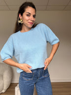Short Sleeve Wool Knit Brown Sky Blue