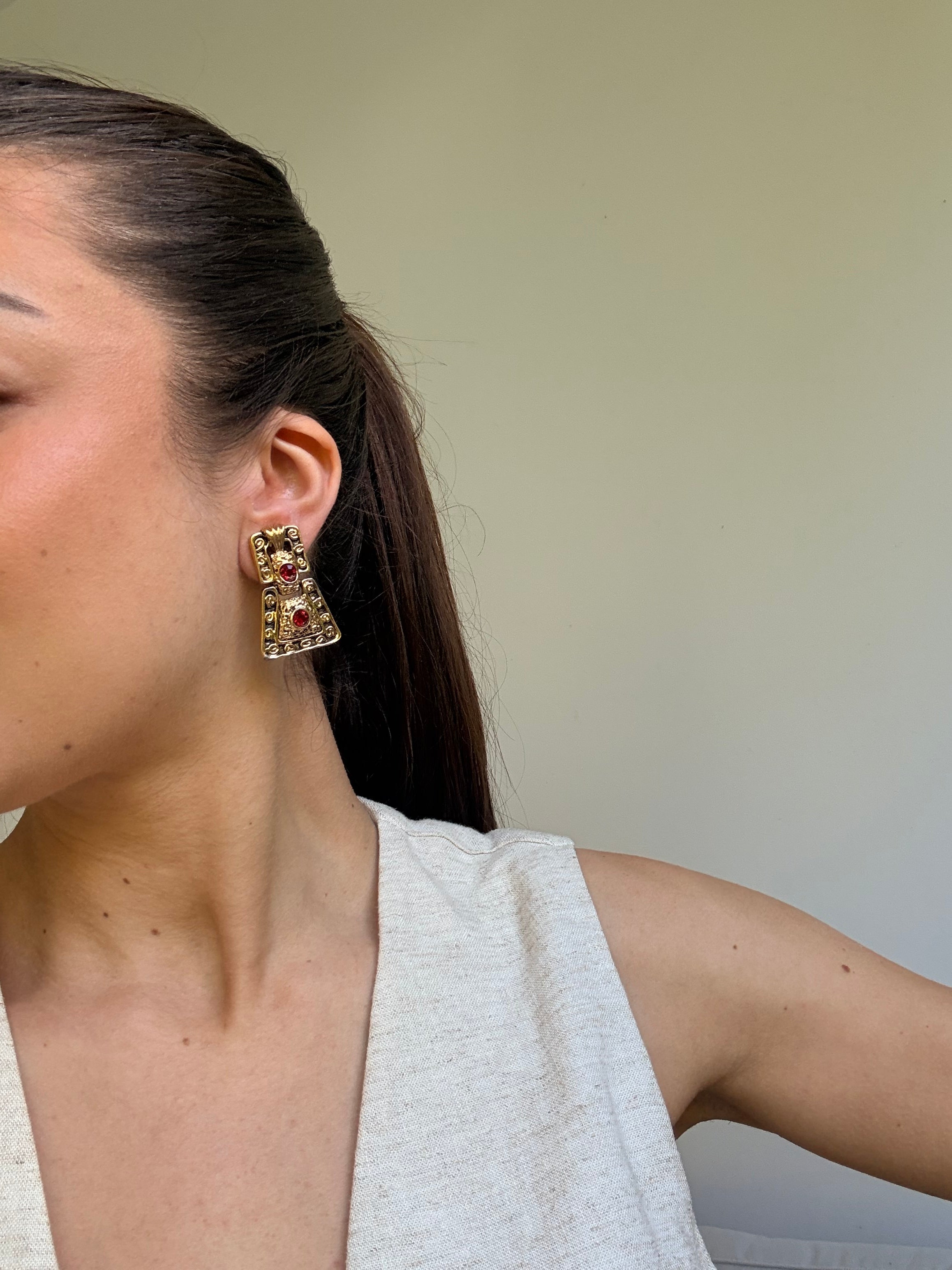 Boucles D’Oreilles Vintage - Pendantes Strass Rouge