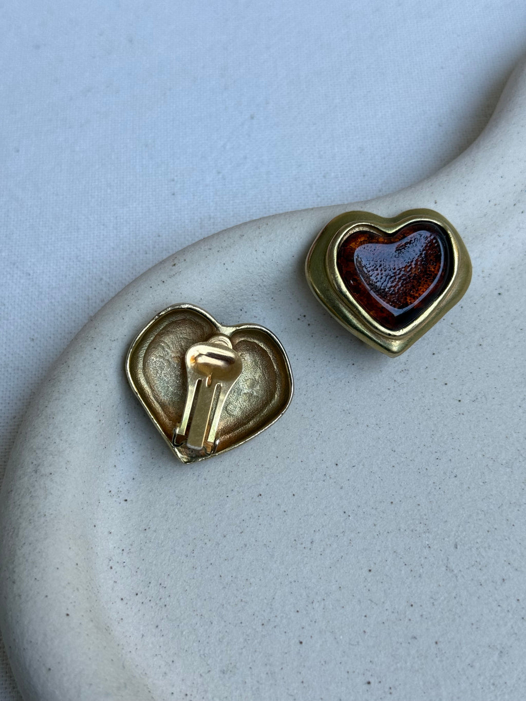 Vintage Earrings - Domed Heart Amber Resin Cabochons