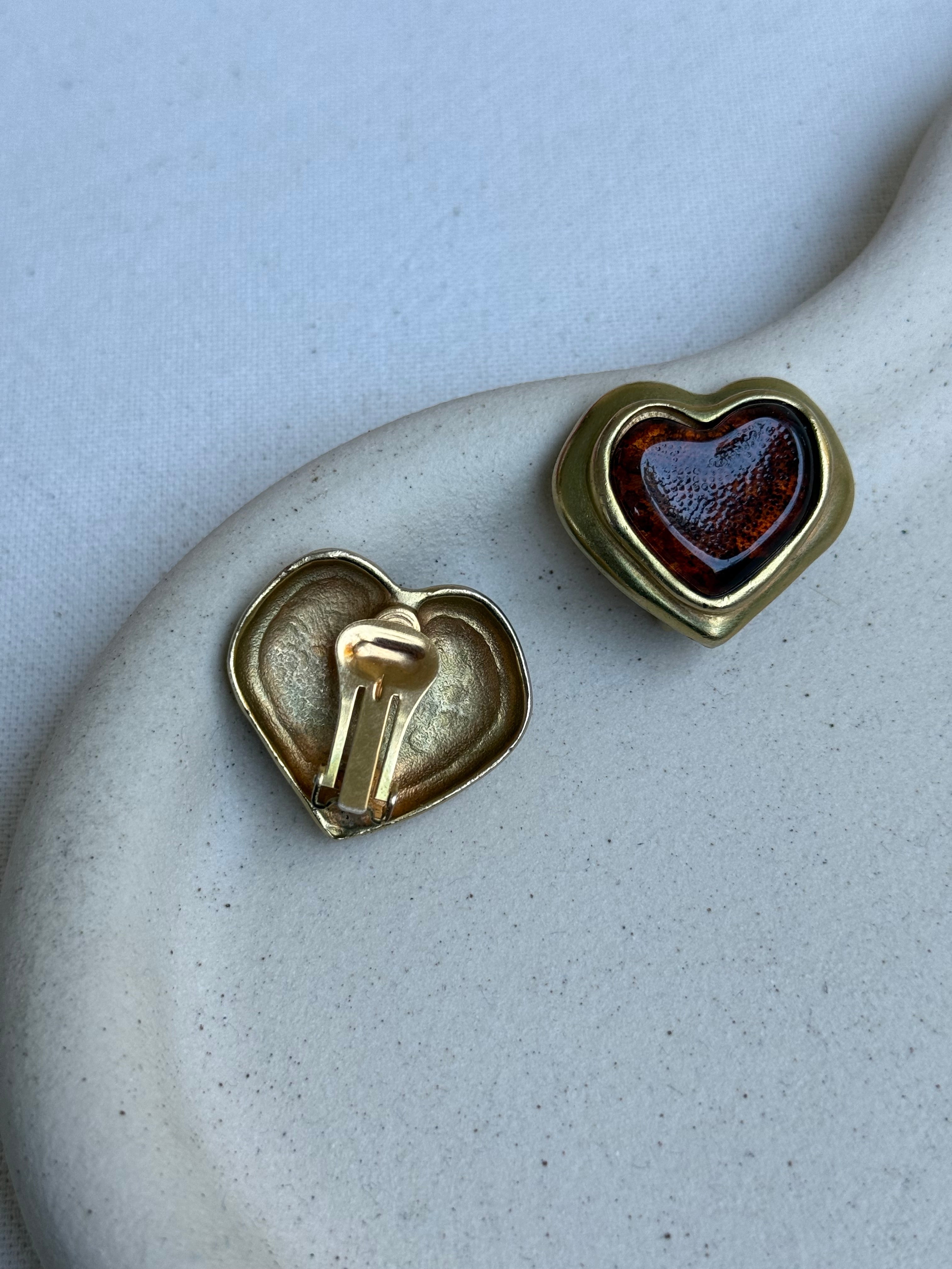 Vintage Earrings - Domed Heart Amber Resin Cabochons
