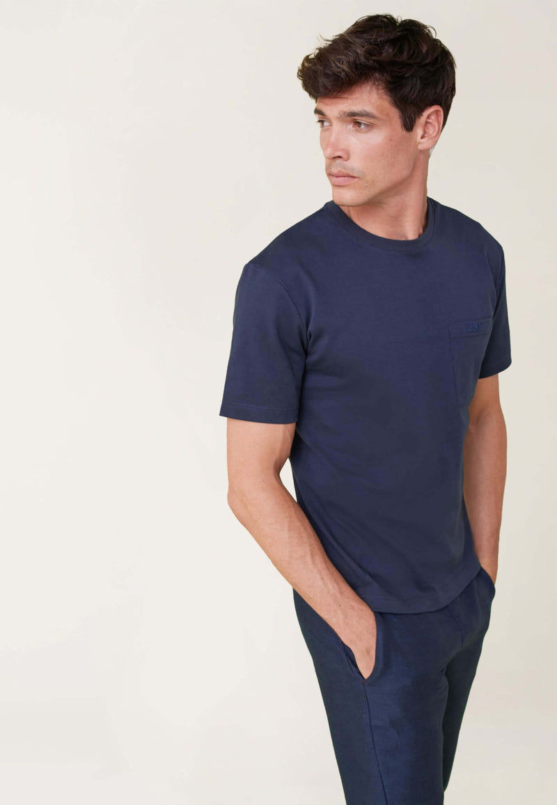 T-Shirt Homme Bleu Marine Avec Poche Poitrine En Coton - Sasha Marine