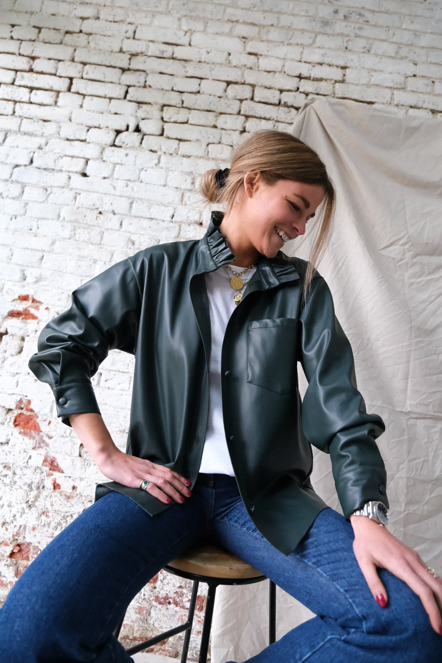 Lou Faux Leather Overshirt Dark Green