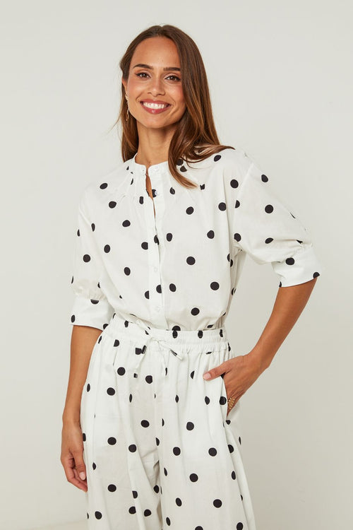 Camisa De Algodón Manga Corta Estampado De Lunares - Blanco