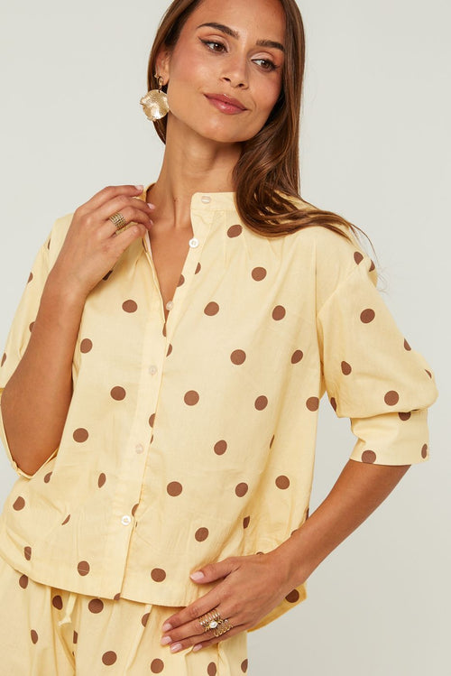 Camisa De Algodón Manga Corta Estampado De Lunares - Amarillo