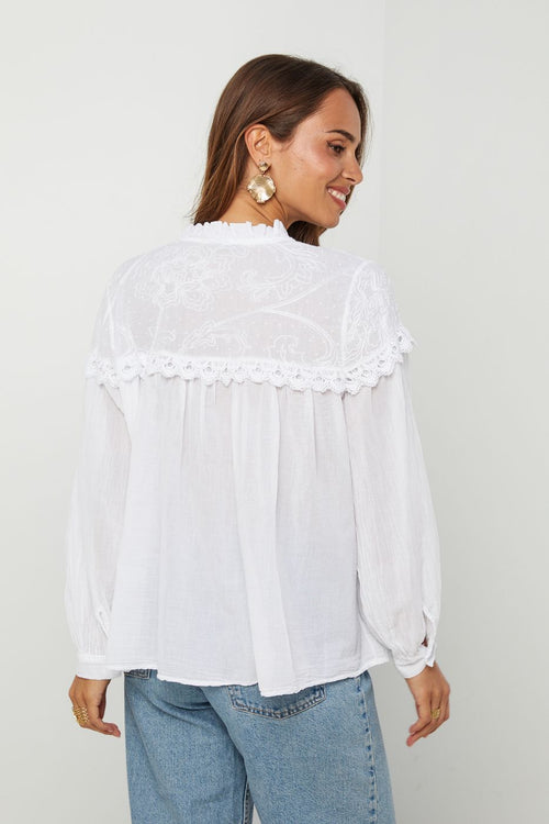 Top de algodón, manga larga - Blanco