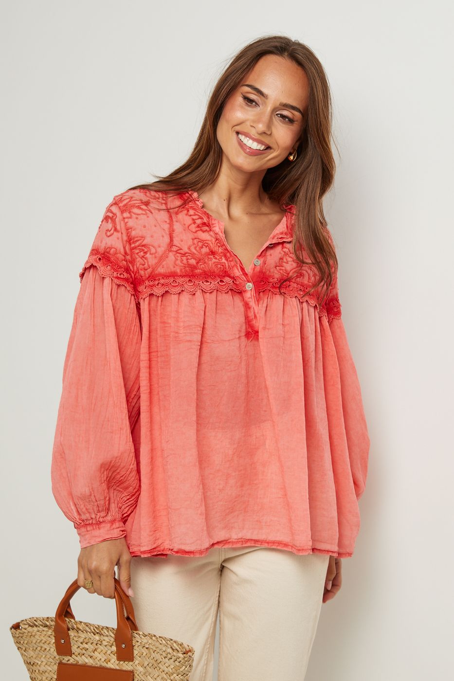 Top De Algodón, Mangas Largas - Coral