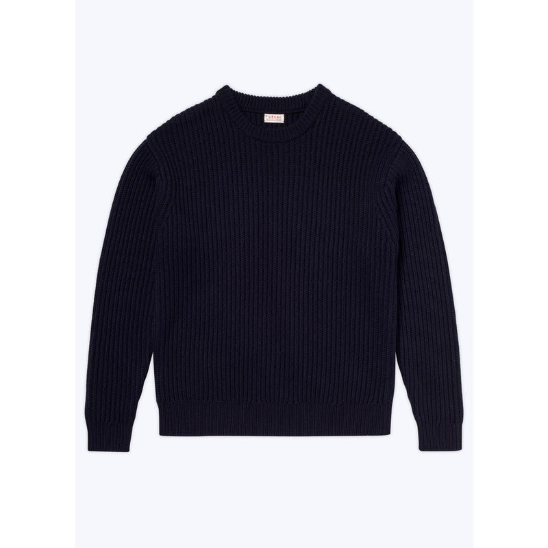 Ribbed Round Neck Wool Sweater - Navy