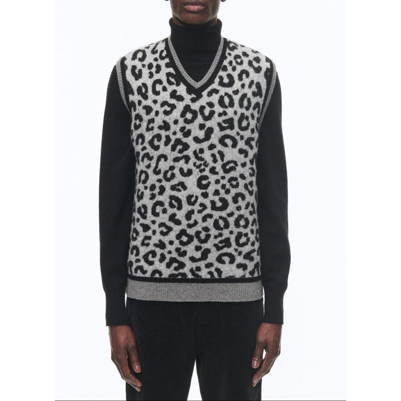 Pull Col V Sans Manches En Laine - Jacquard Panthère Des Neiges