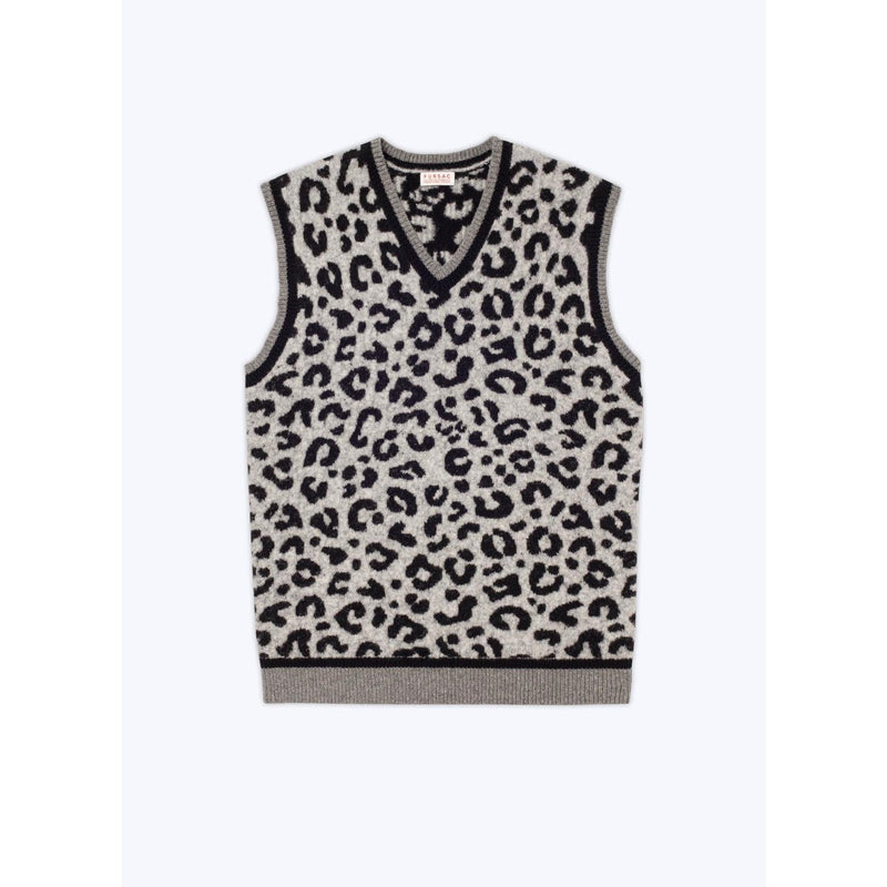 Pull Col V Sans Manches En Laine - Jacquard Panthère Des Neiges