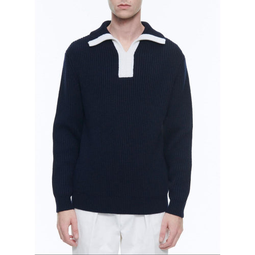 Jersey De Lana Y Algodón Con Cuello Trucker - Azul Marino