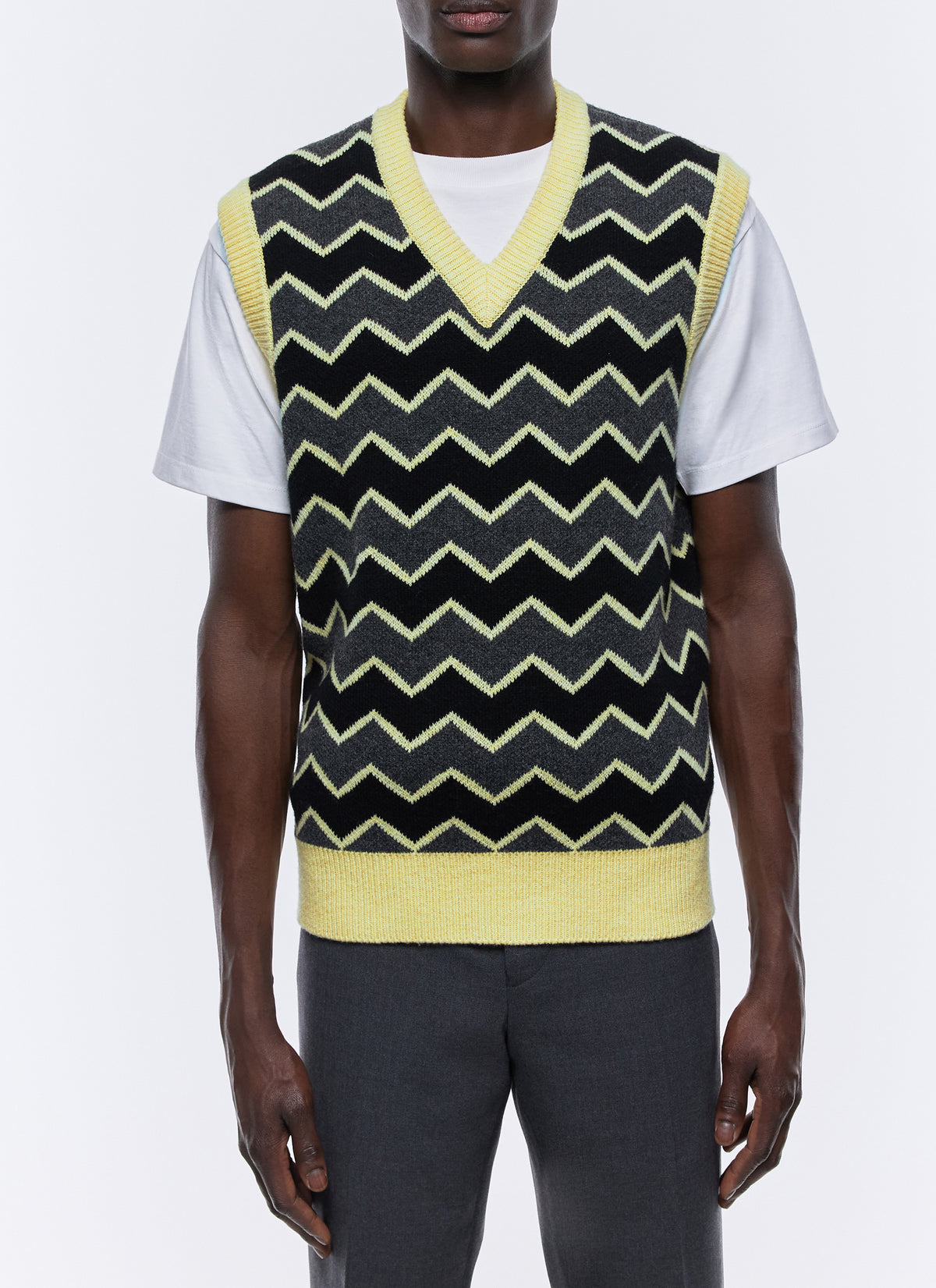Gilet In Maglia Jacquard A Righe Zig-Zag - Grigio Melange Scuro