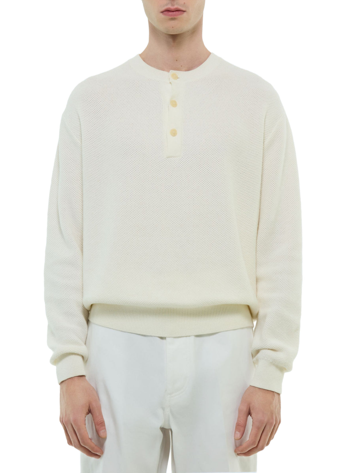 Pull Col Rond Patte Boutonnée Nid D'Abeille - Écru