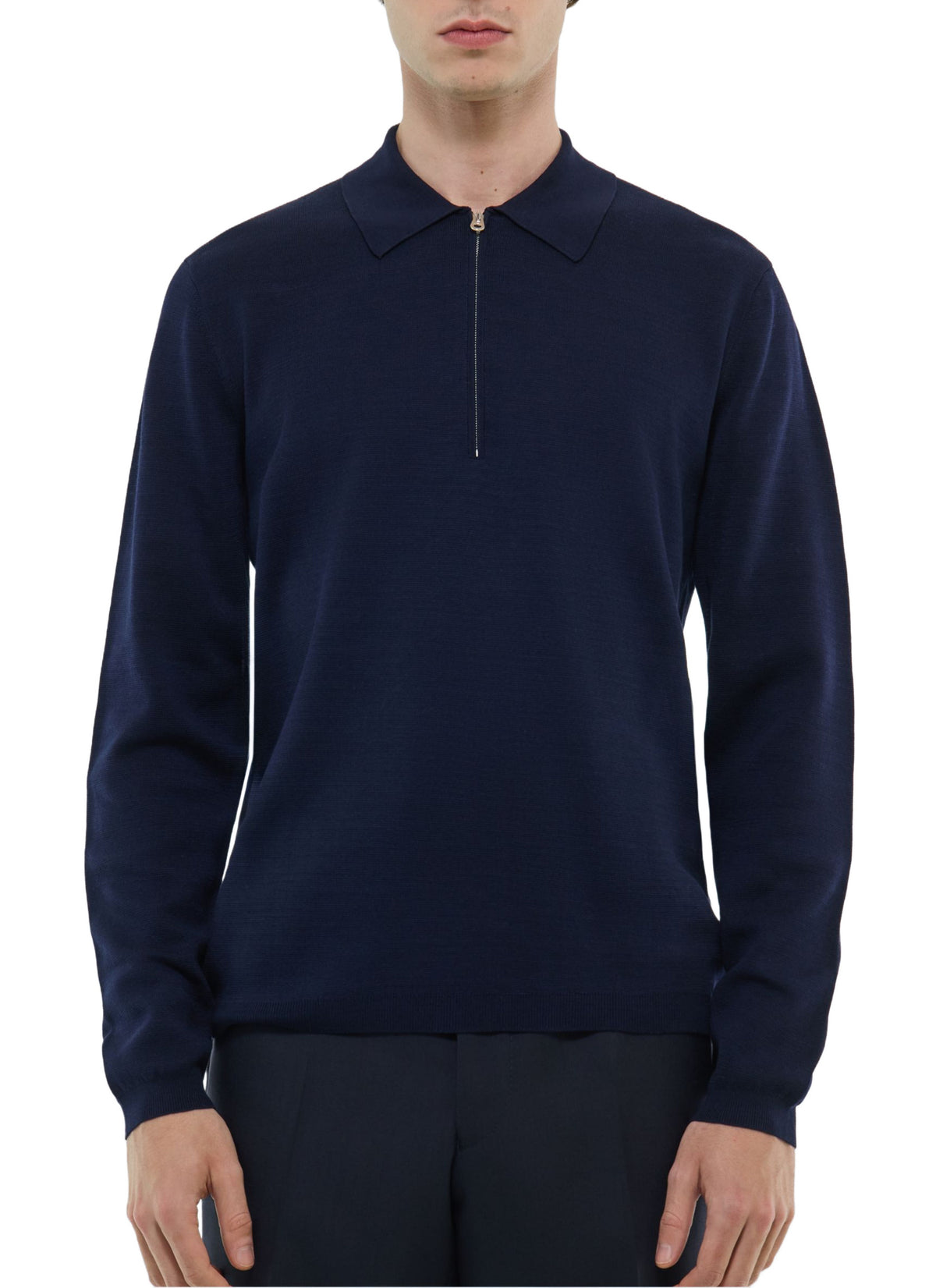 Polo Zippé Manches Longues En Maille - Marine