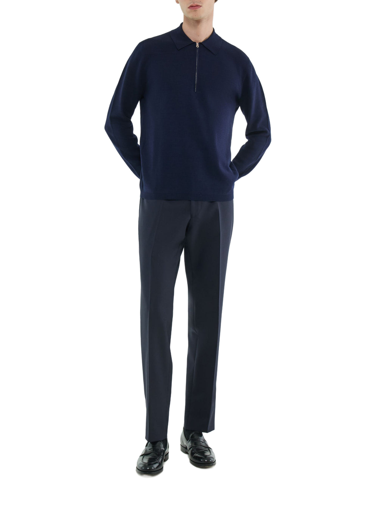 Polo Zippé Manches Longues En Maille - Marine