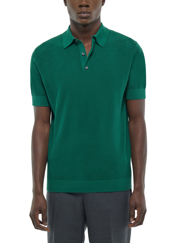 Moss Stitch Knitted Short-Sleeve Polo Shirt - Emerald