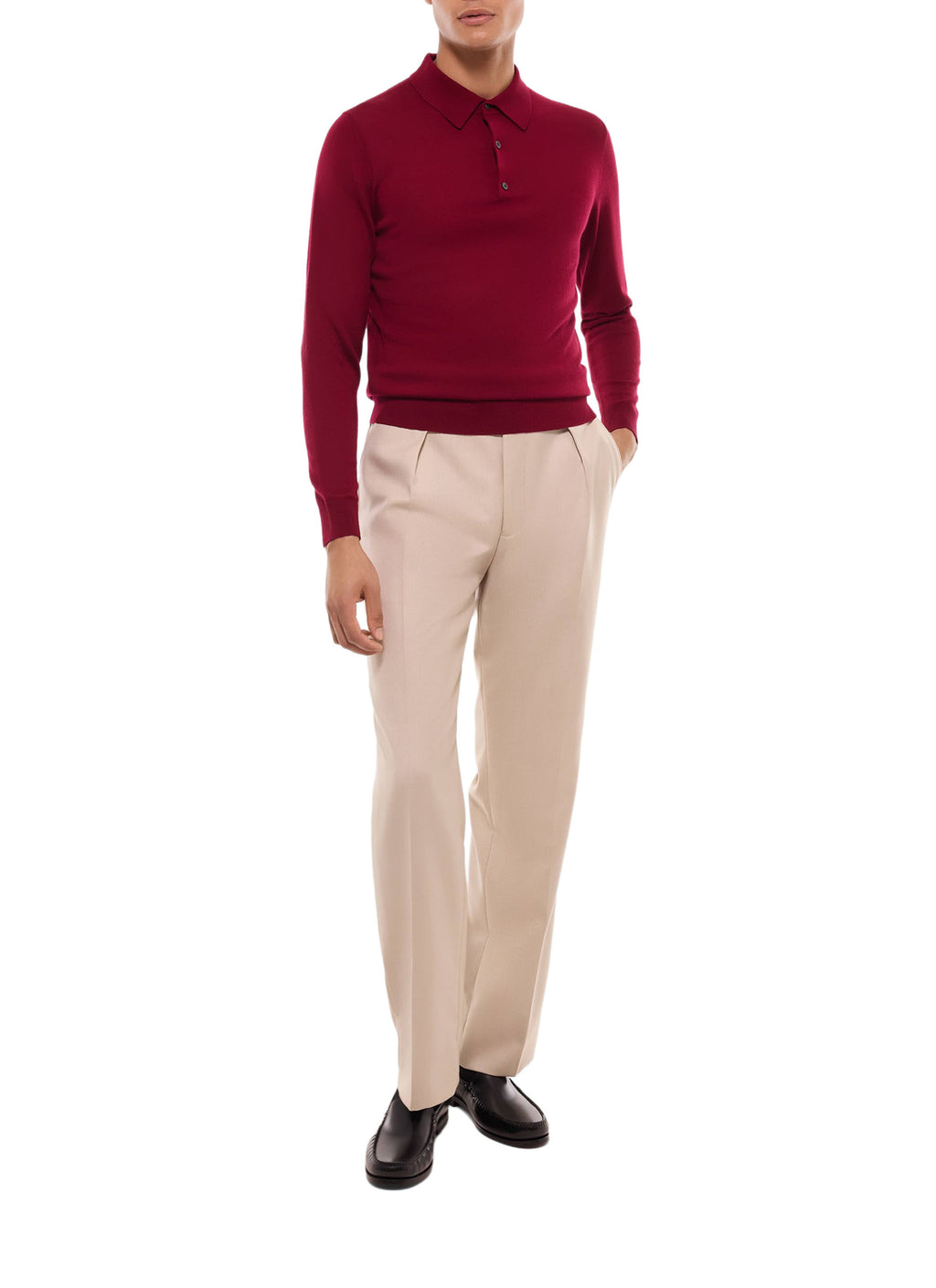 Pull Col Polo En Mérinos - Bordeaux