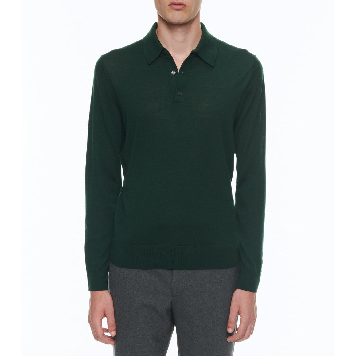 Long-Sleeved Merino Wool Polo Shirt - Forest Green