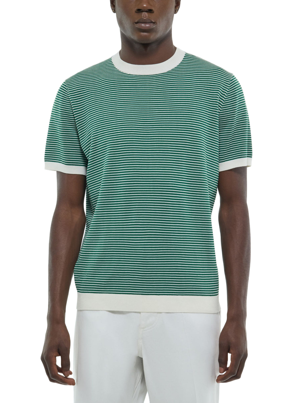 Stribet Strikket T-shirt - Smaragdgrøn