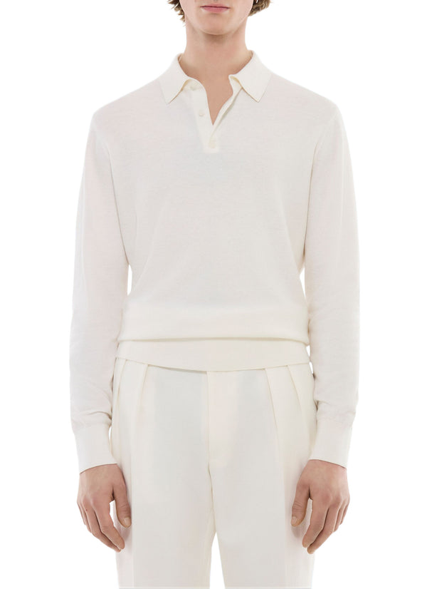 Moss Stitch Knitted Long-Sleeved Polo Shirt - Ecru