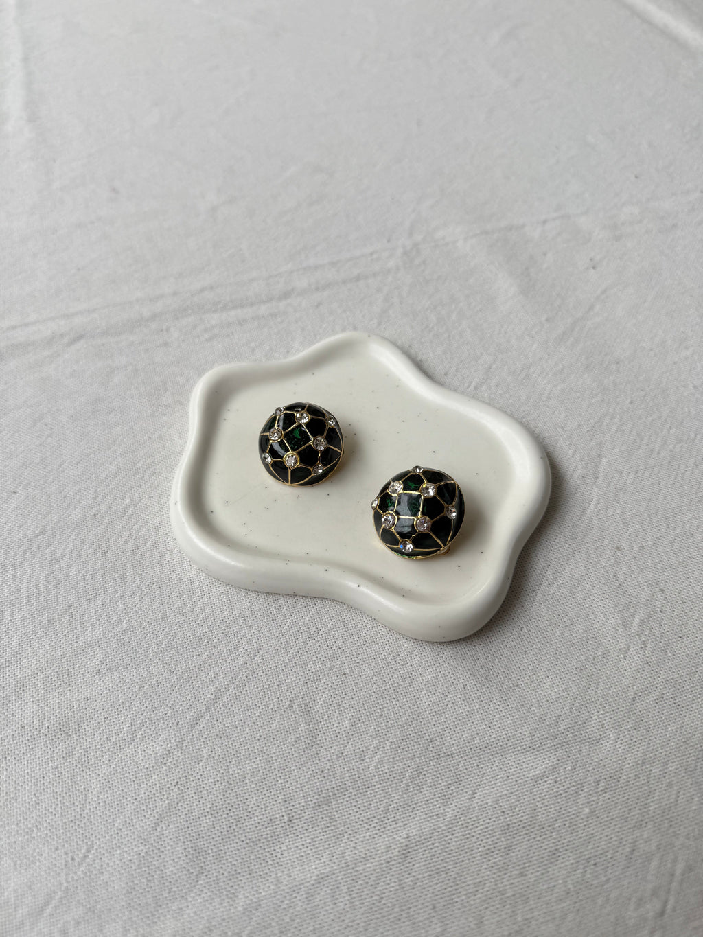 Boucles D’Oreilles Vintage - Émail Vert Et Strass