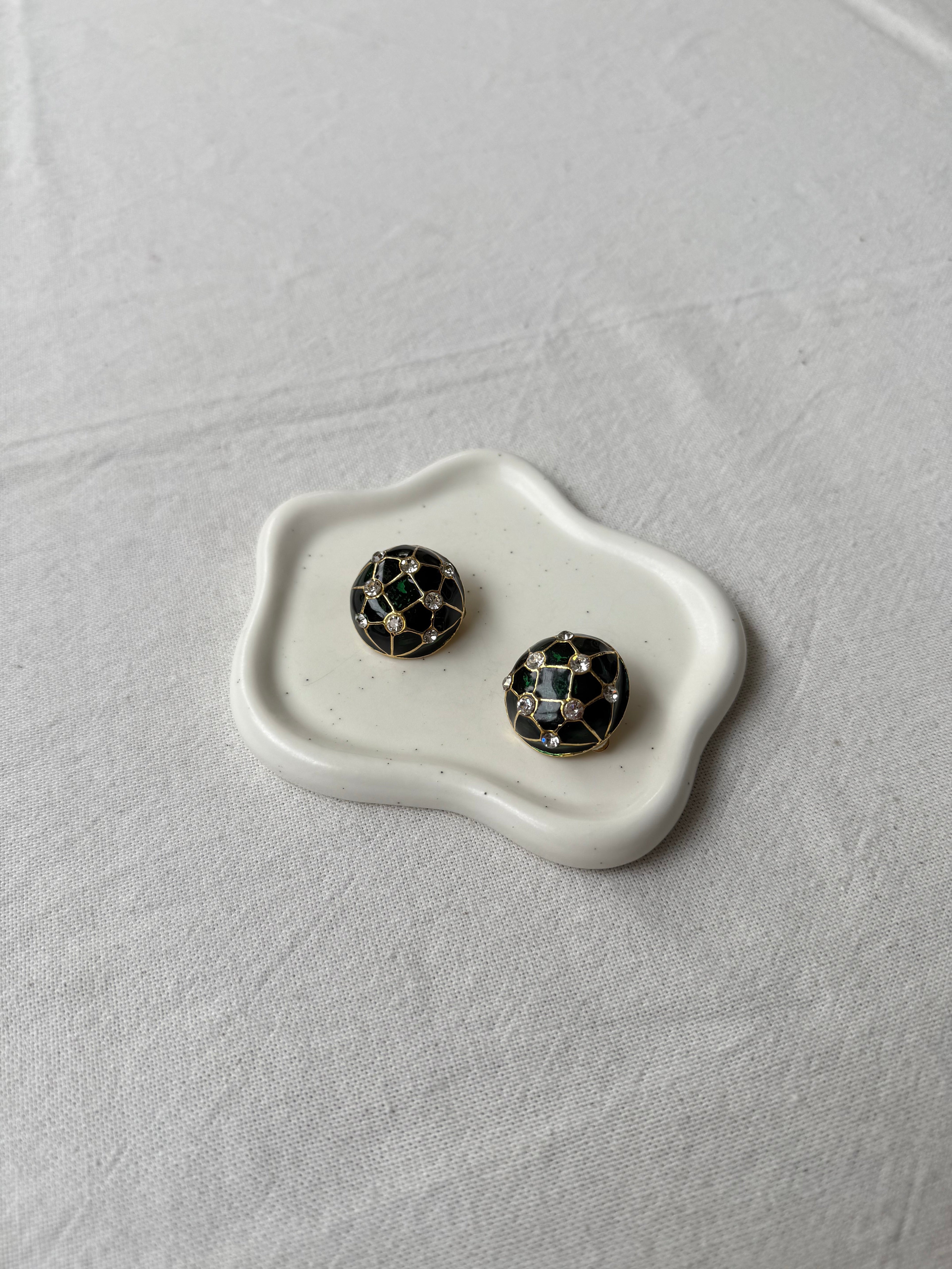 Boucles D’Oreilles Vintage - Émail Vert Et Strass