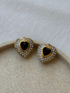 Boucles D’Oreilles Vintage - Cœurs Strass Et Cabochon Noir
