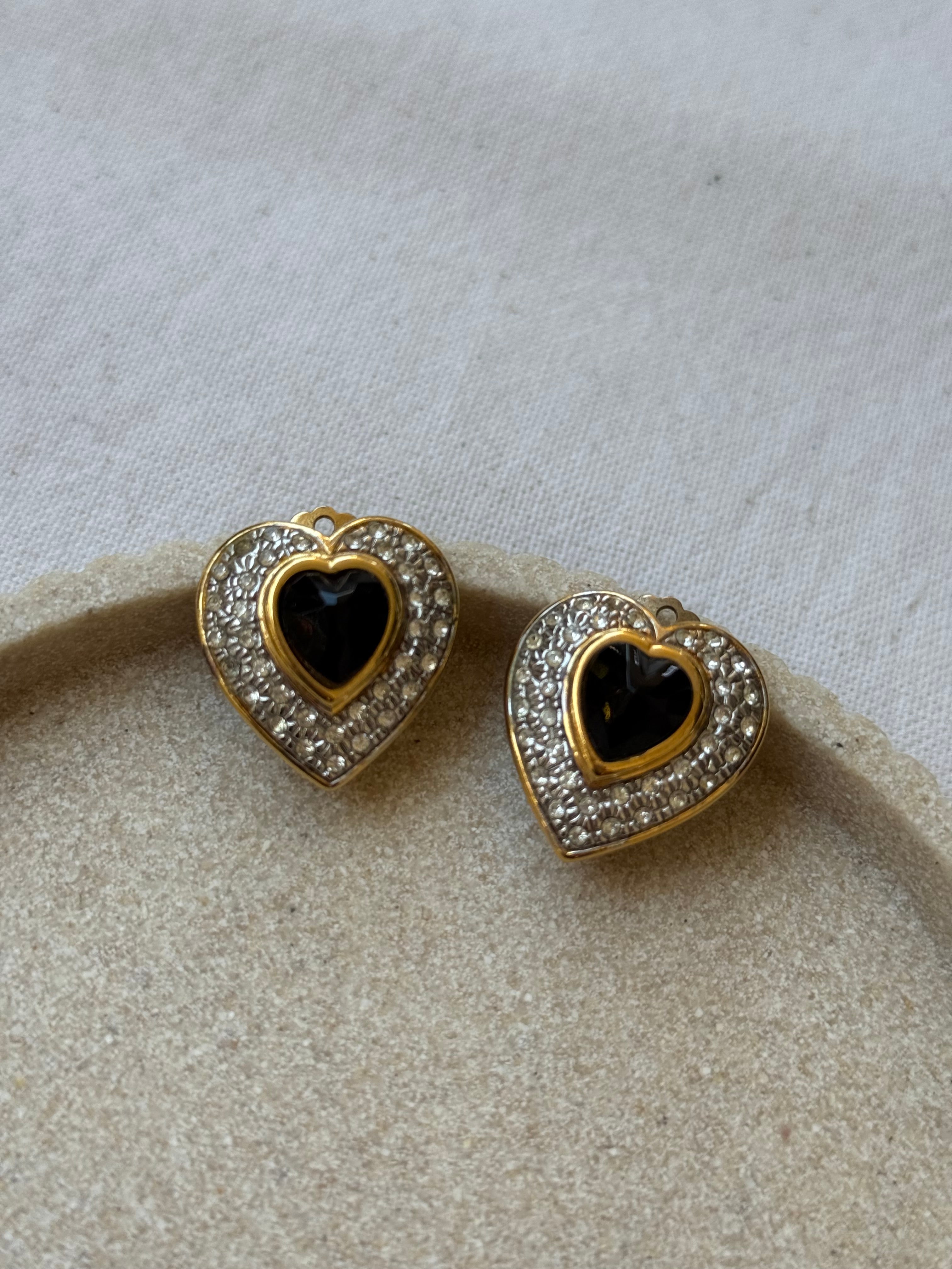Boucles D’Oreilles Vintage - Cœurs Strass Et Cabochon Noir