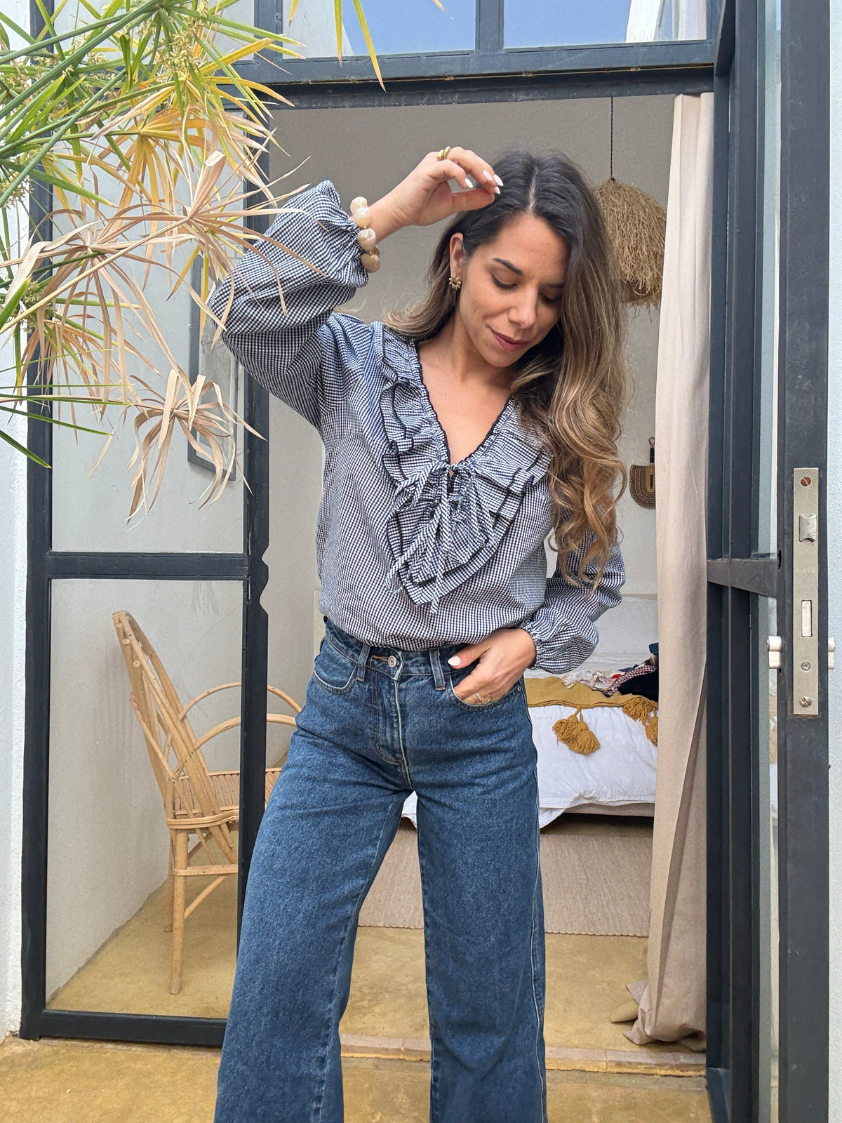 Blusa Stella de cuadros vichy azul marino