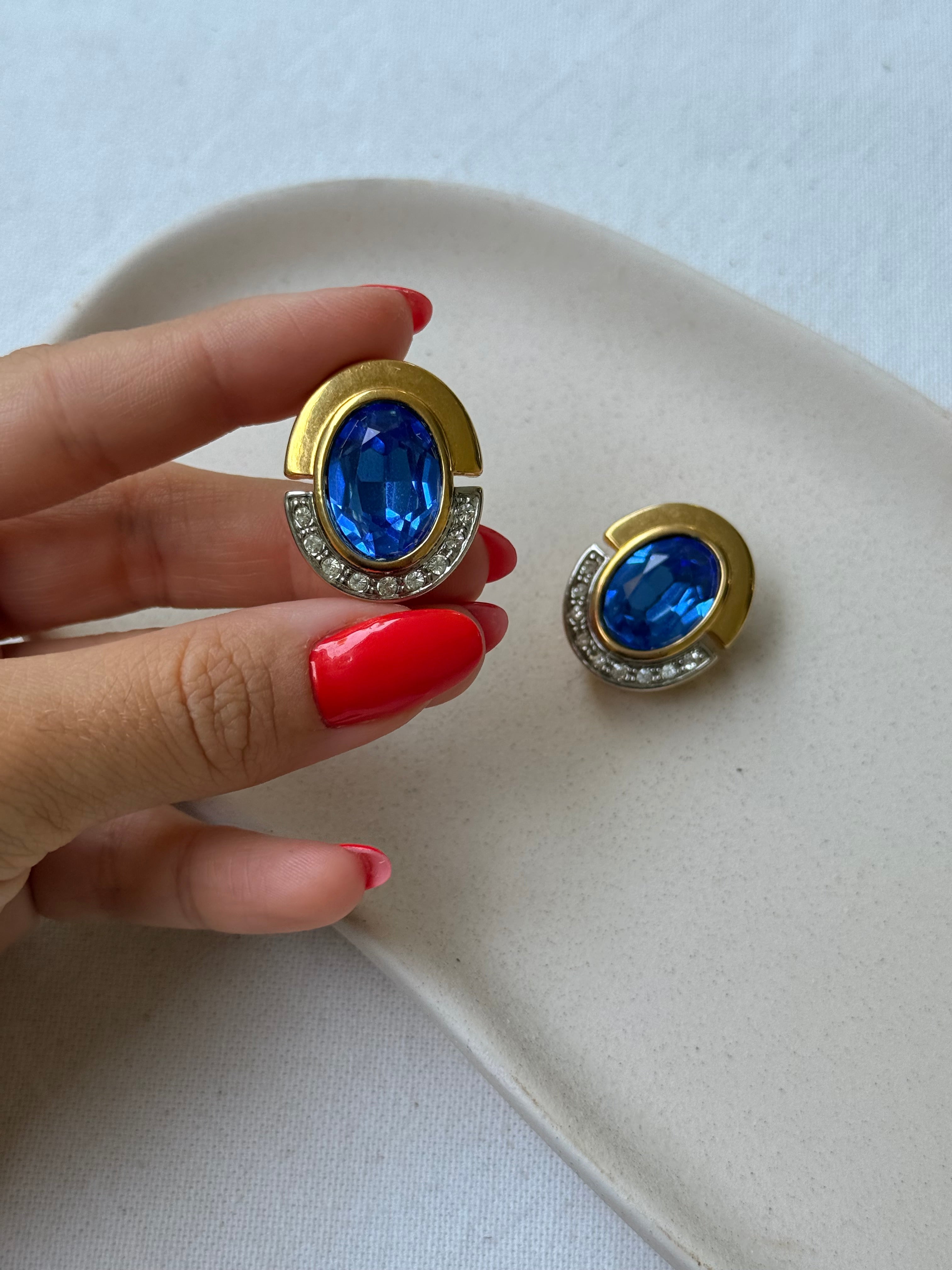 Boucles D’Oreilles Vintage - Cristaux Bleus Facettés