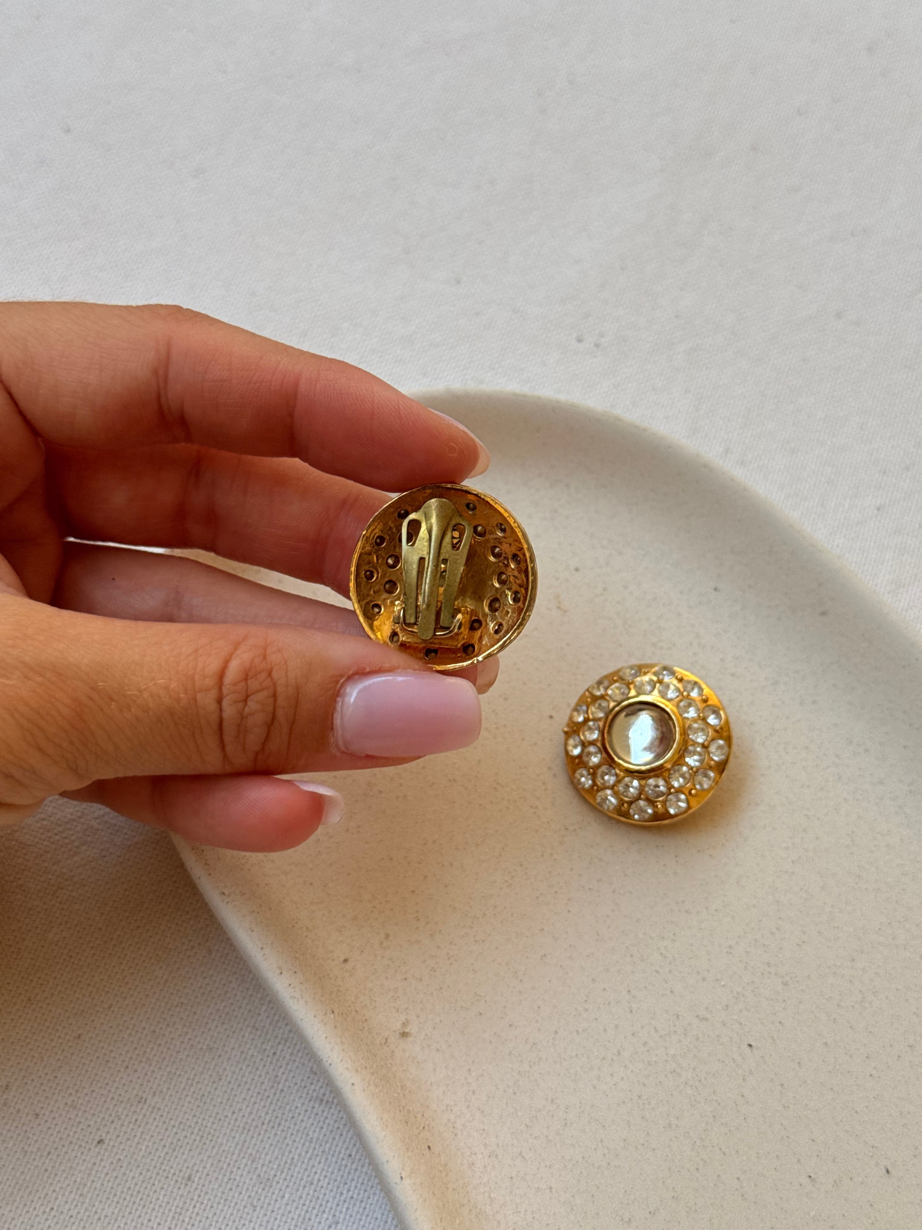 Vintage Earrings - Round Gold Earrings Adorned with Rhinestones