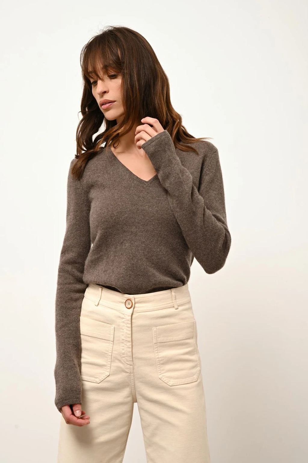 Pull Col V 4 Fils - Abby - Taupe Chiné
