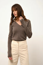 Pull Col V 4 Fils - Abby - Taupe Chiné