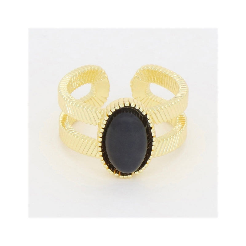 Bague Ajustable Kone Oeil De Tigre Noir - Laiton Doré