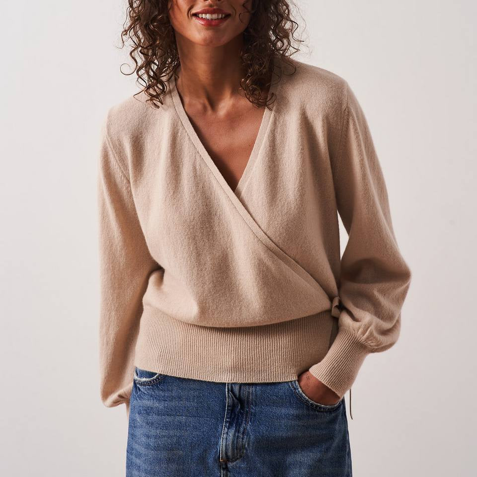 Belinda Wrap Cardigan - Sand - 100% Cashmere 12Gg - Women