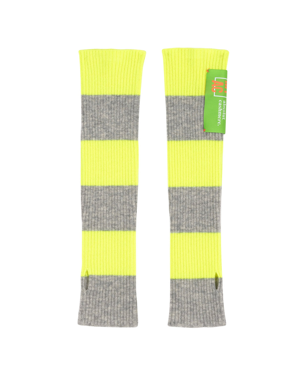 Mitones Largos de Rayas Llamativos - Gris China Claro-Amarillo Fluorescente - 100% Cachemira 9GG - Mujer