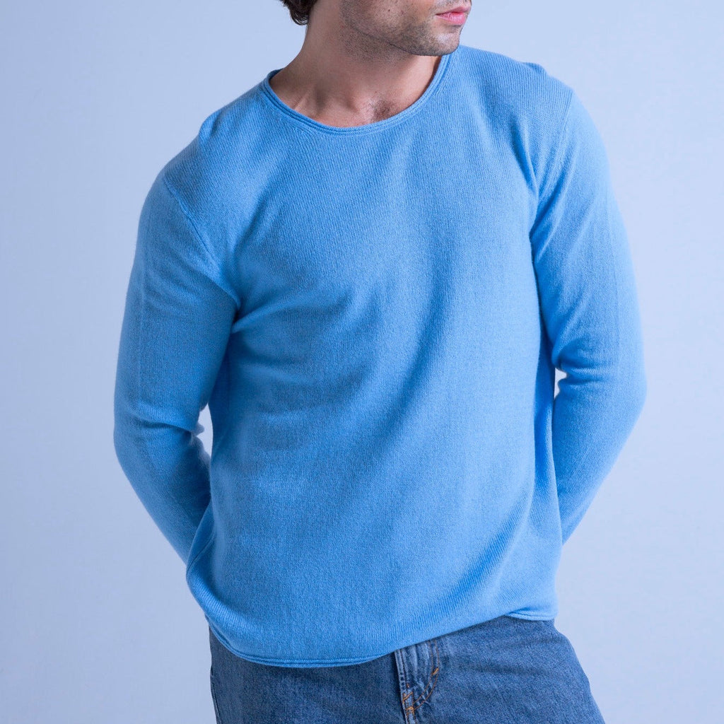 Pull Col Rond Finitions Roulées Taylor - Azur - 100% Cachemire 12Gg - Mixte