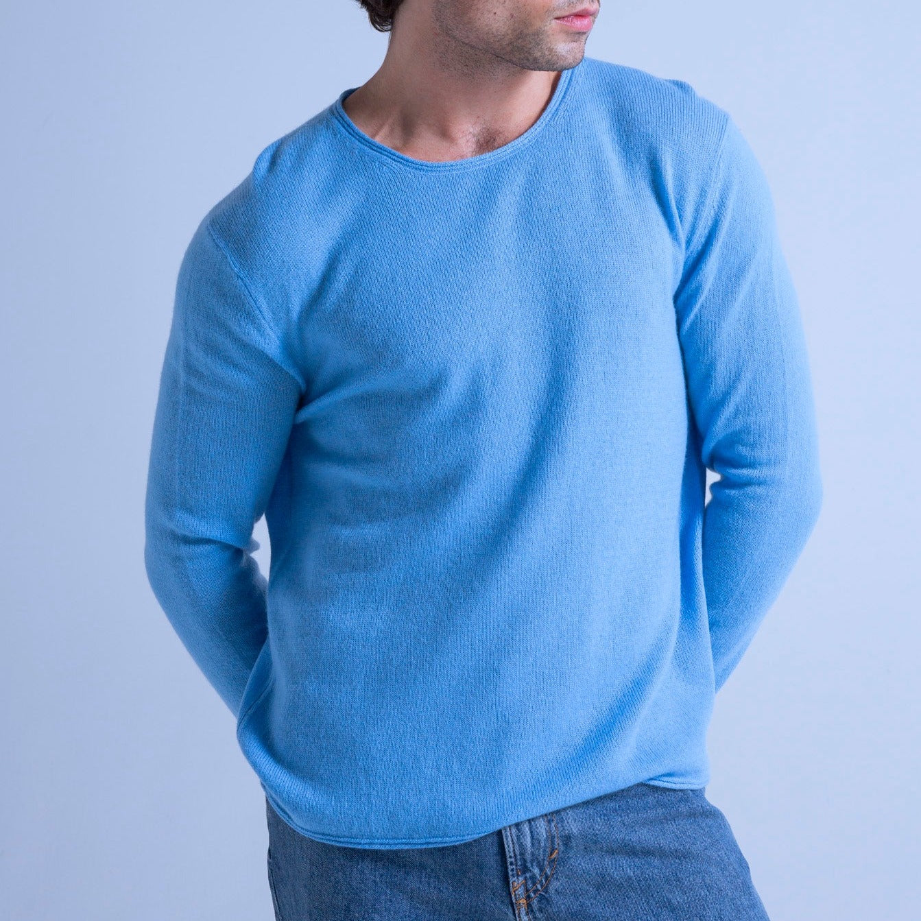 Pull Col Rond Finitions Roulées Taylor - Azur - 100% Cachemire 12Gg - Mixte