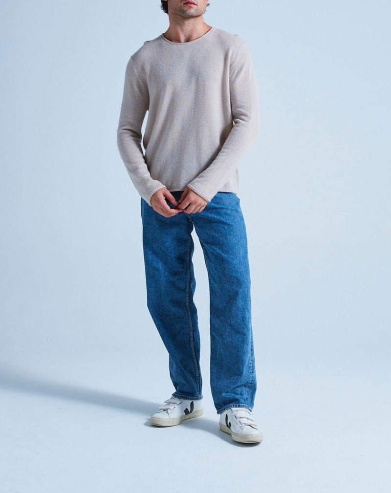 Taylor Round Neck Rolled Finish Sweater - Greige - 100% Cashmere 12Gg - Mixed