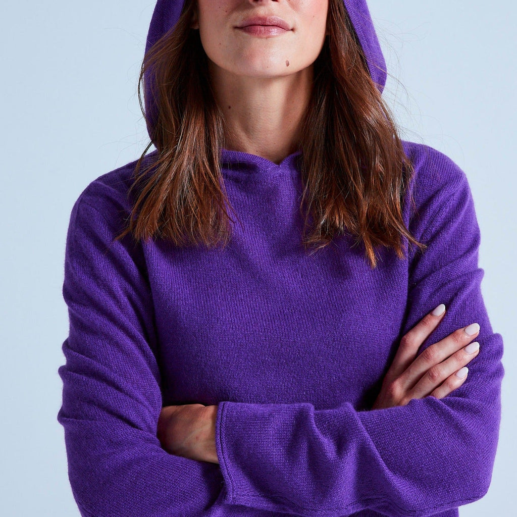 Hooded Cardigan with Rolled Finishes Leone - Aubergine - 100% Cashmere 12Gg - Unisex
