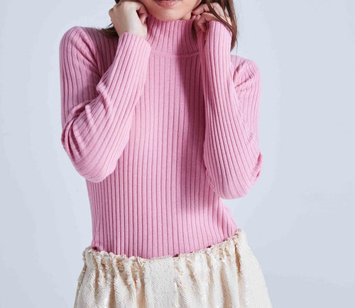 Pull Col Montant En Cote Selina - Rose Bubble Gum - Femme