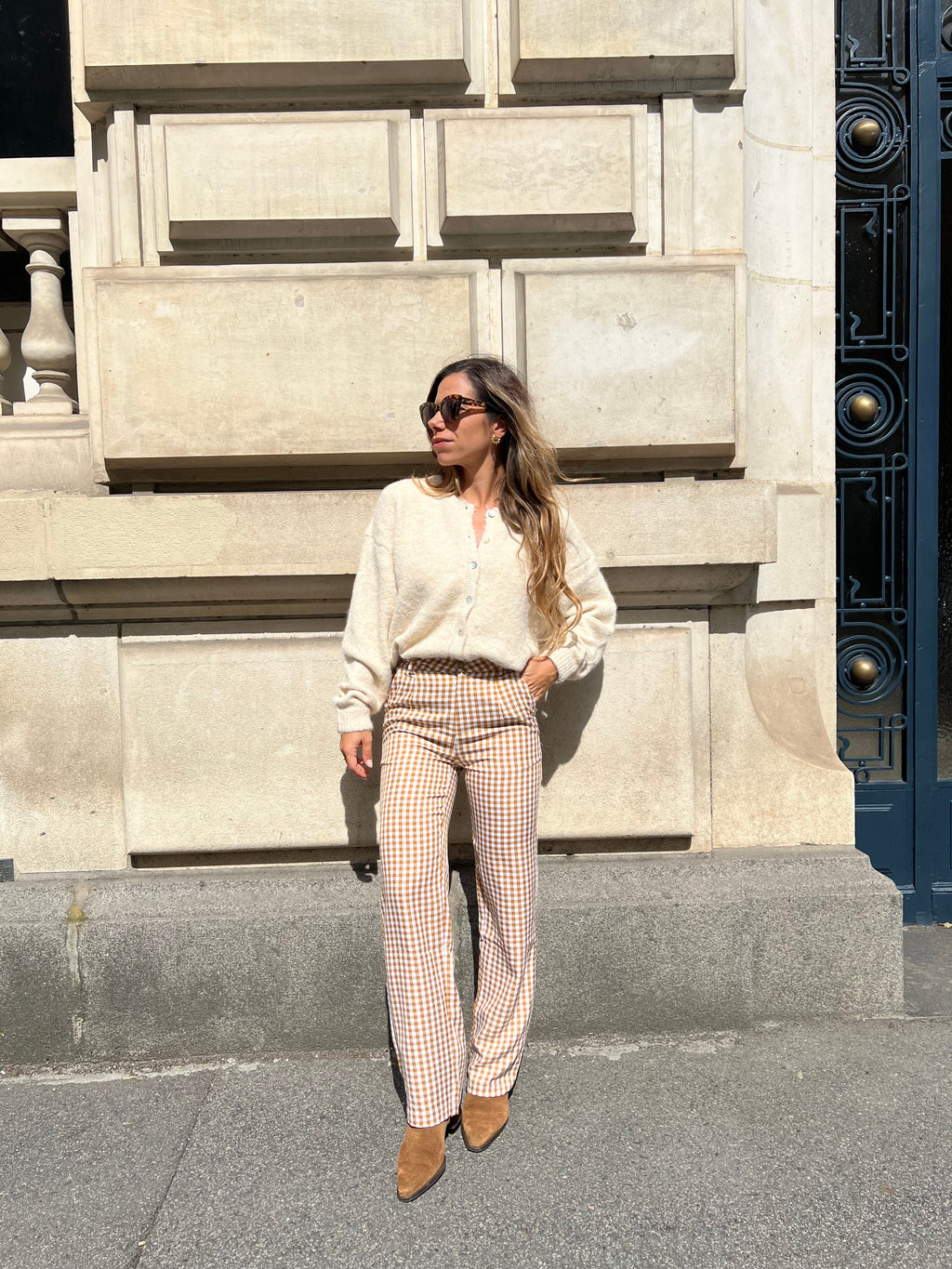 Aurora camel gingham trousers
