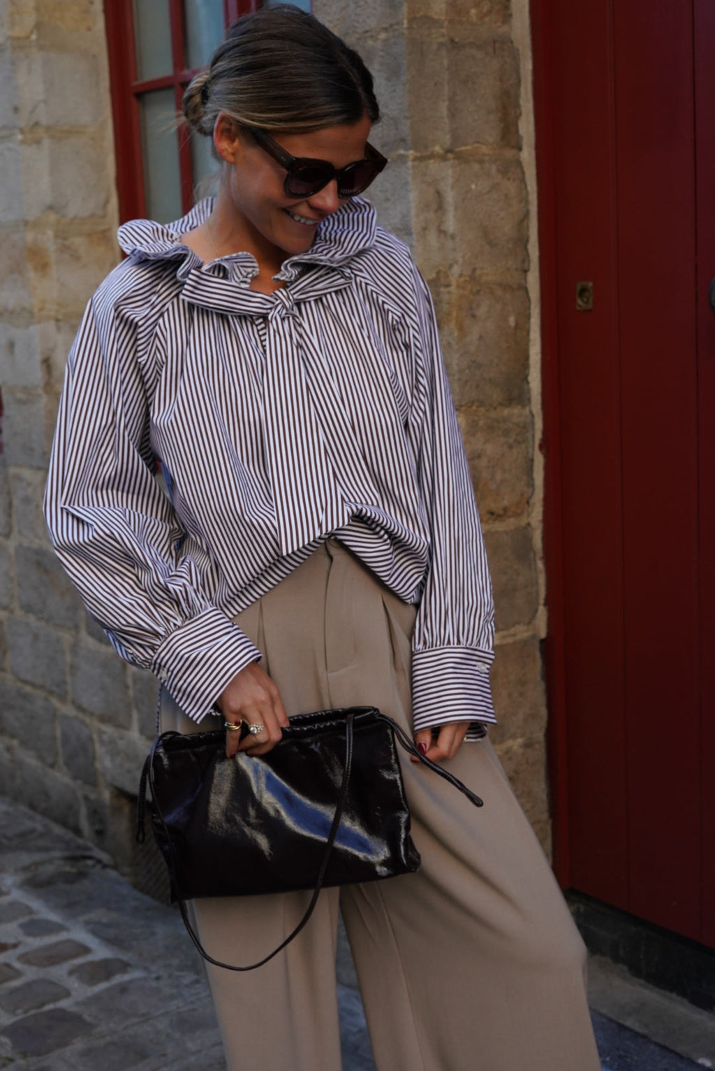 Madeleine Blouse Chocolate/White Stripe