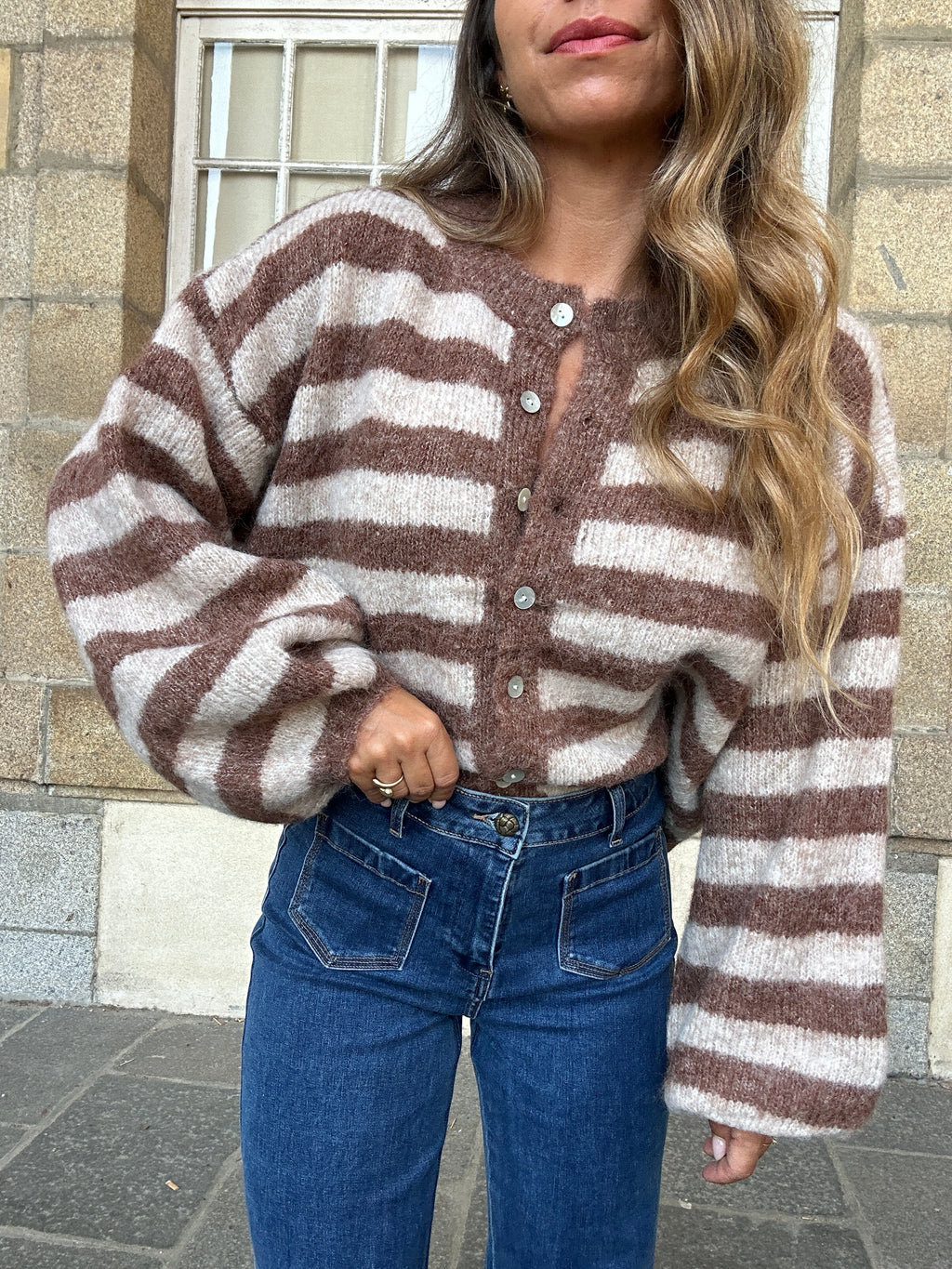 Véra Camel And Beige Striped Cardigan