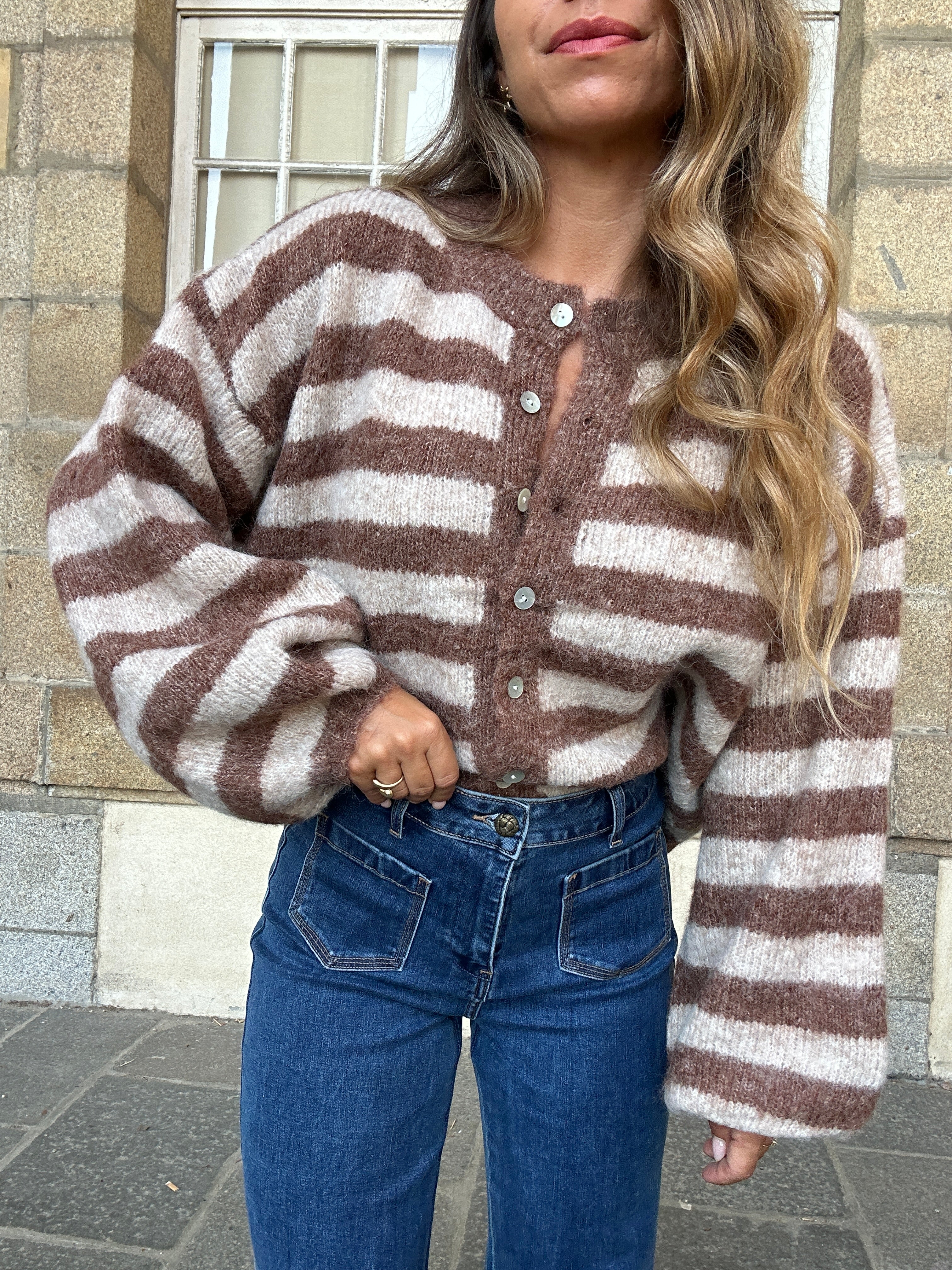 Véra Camel And Beige Striped Cardigan