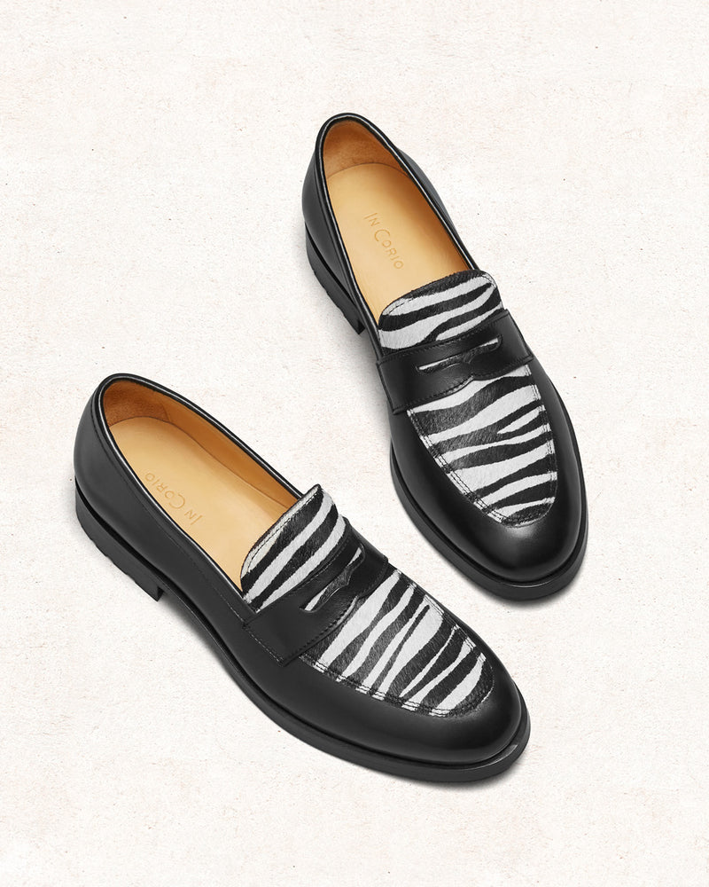 Penny Loafer Adélaïde - Cuir Noir Zèbre - Semelle Gomme - Femme