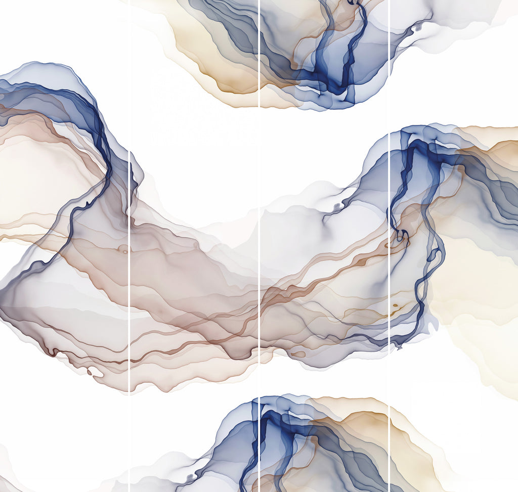 Lé Papiers De Ninon – Adhésif De Placard Inki Blue - Multicolore, motifs abstraits de vagues fluides bleues et marron sur fond blanc