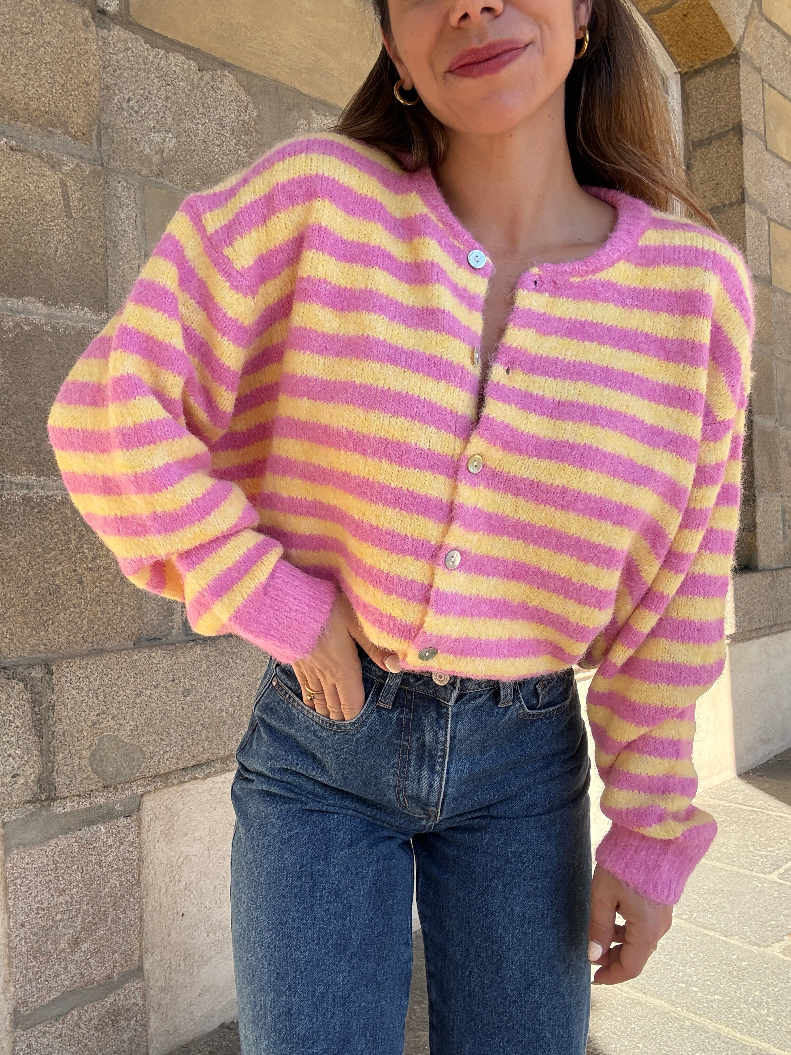Cárdigan Solela rosa y amarillo