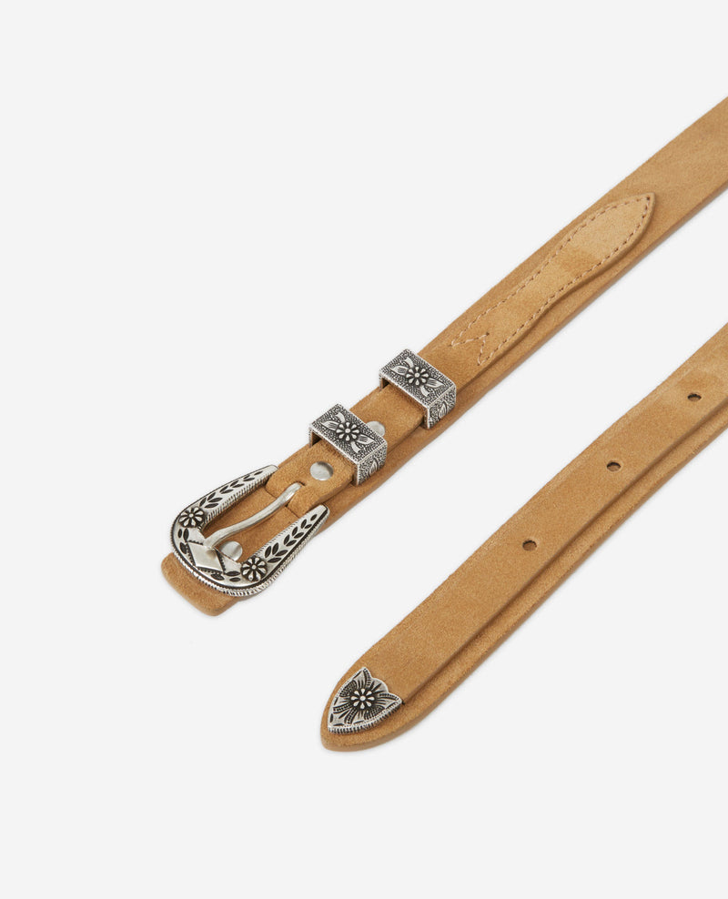 Cinturón De Piel Lisa Camel Con Hebilla Western - Mujer